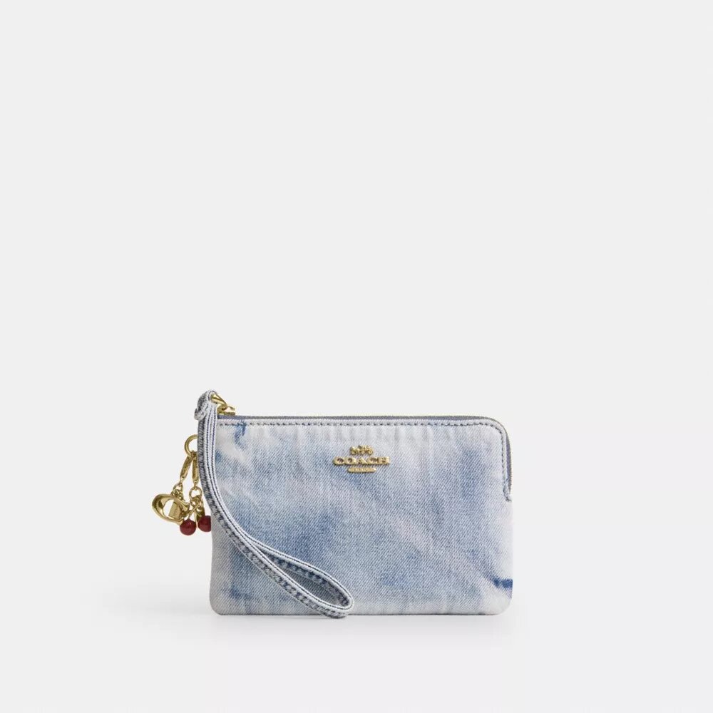Corner Zip Wristlet in Loved Denim with Charms