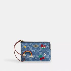 Corner Zip Wristlet in Signature Denim