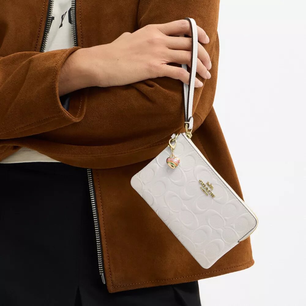 Corner Zip Wristlet in Signature Leather with Heart Charm