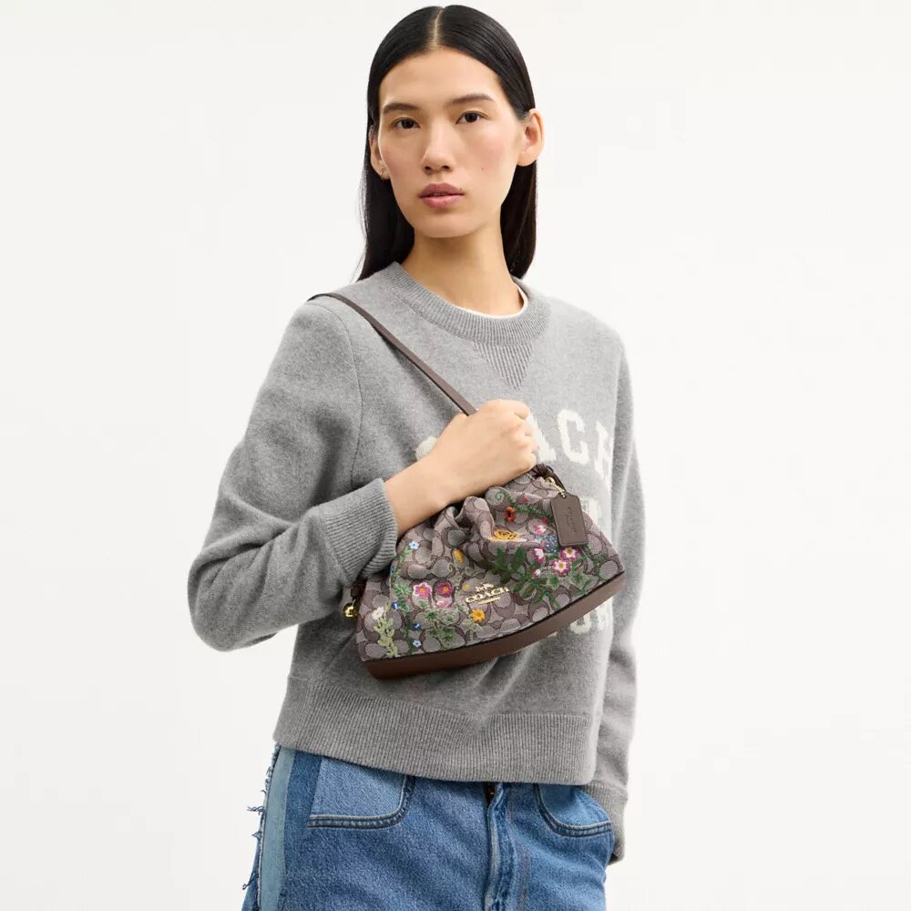Faye Shoulder Bag in Signature Jacquard with Floral Embroidery