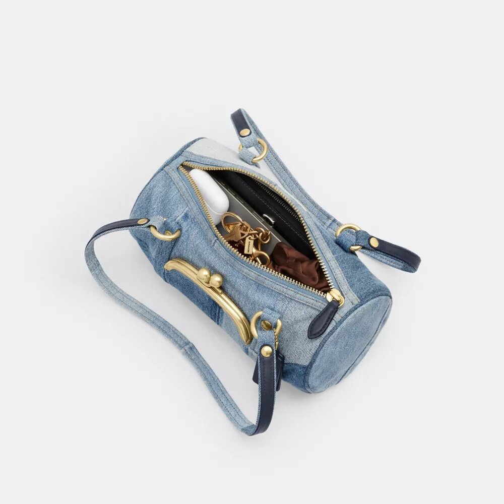 Kisslock Barrel Bag 28 in Repurposed Denim