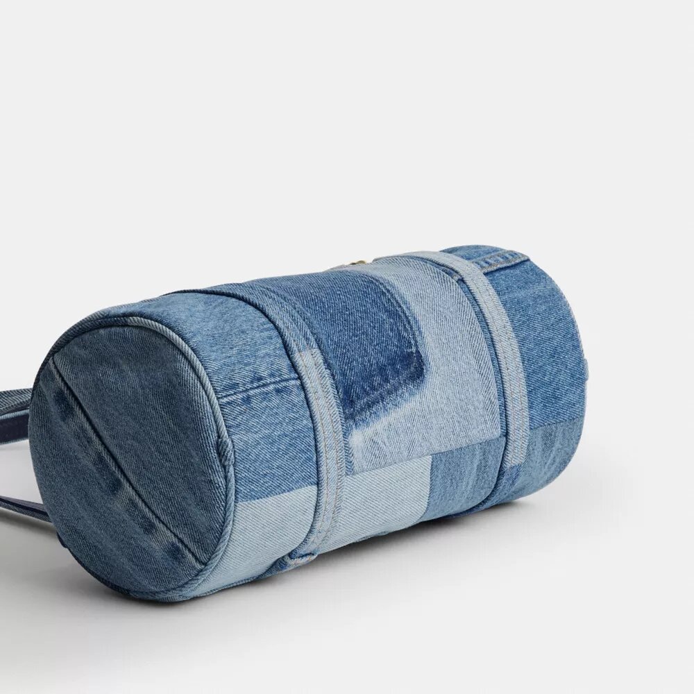 Kisslock Barrel Bag 28 in Repurposed Denim