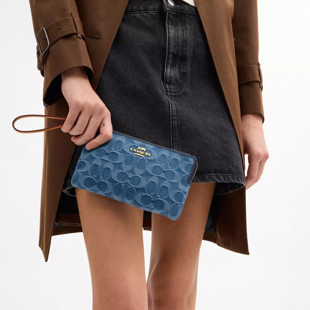 Large Corner Zip Wristlet in Signature Denim