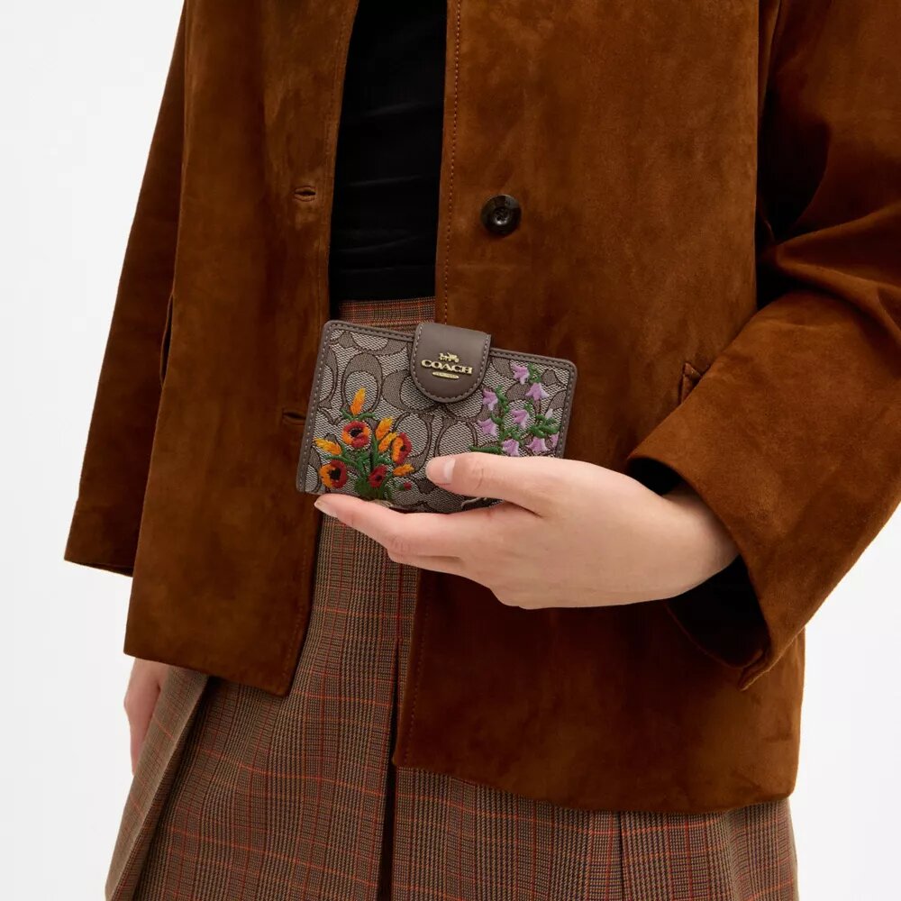 Medium Corner Zip Wallet in Signature Jacquard with Floral Embroidery