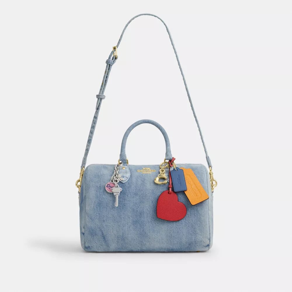 Rowan Large Satchel Bag in Loved Denim with Charms