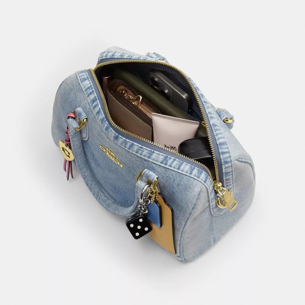 Rowan Satchel Bag in Loved Denim with Charms