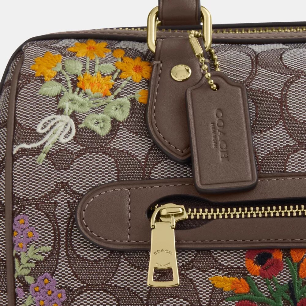 Rowan Satchel Bag in Signature Jacquard with Floral Embroidery
