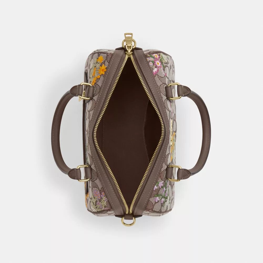 Rowan Satchel Bag in Signature Jacquard with Floral Embroidery