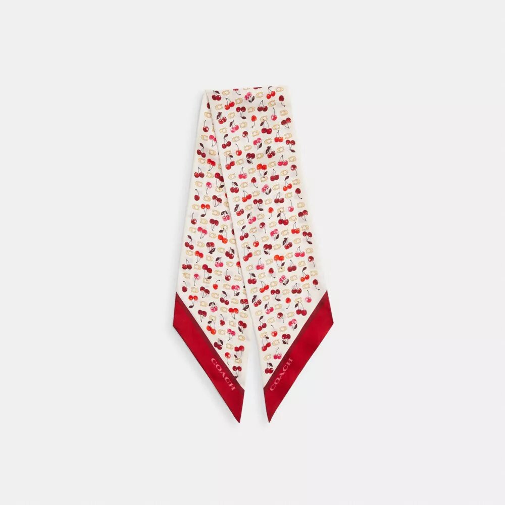 Sculpted C Cherries Print Silk Wide Skinny Scarf
